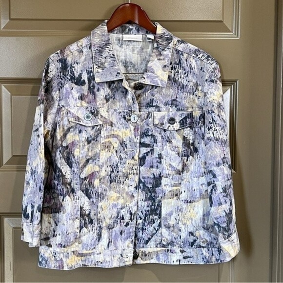 Chico’s Linen Abstract Jacket 3/4 Sleeve Size 2 - Picture 1 of 12
